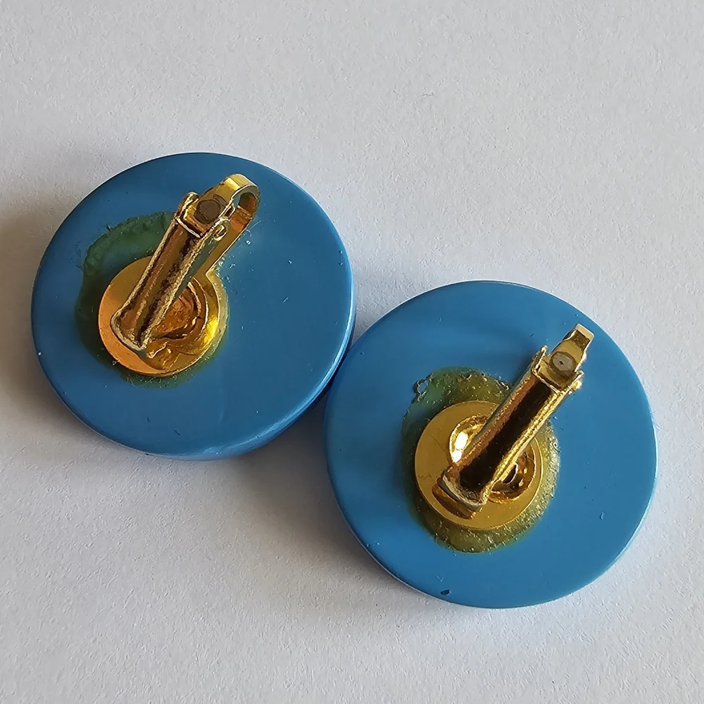 Vintage earrings clip on sky blue plastic cabochons retro